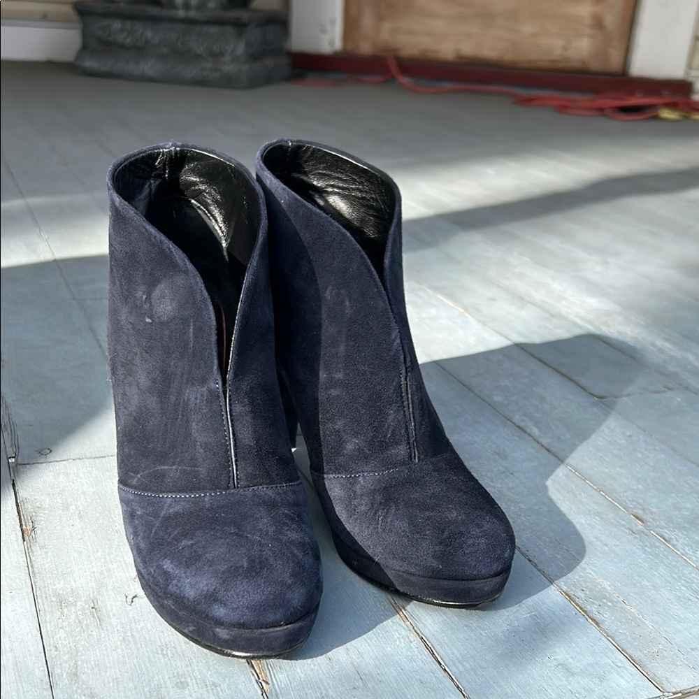 Navy Blue Suede Split Front Bootie